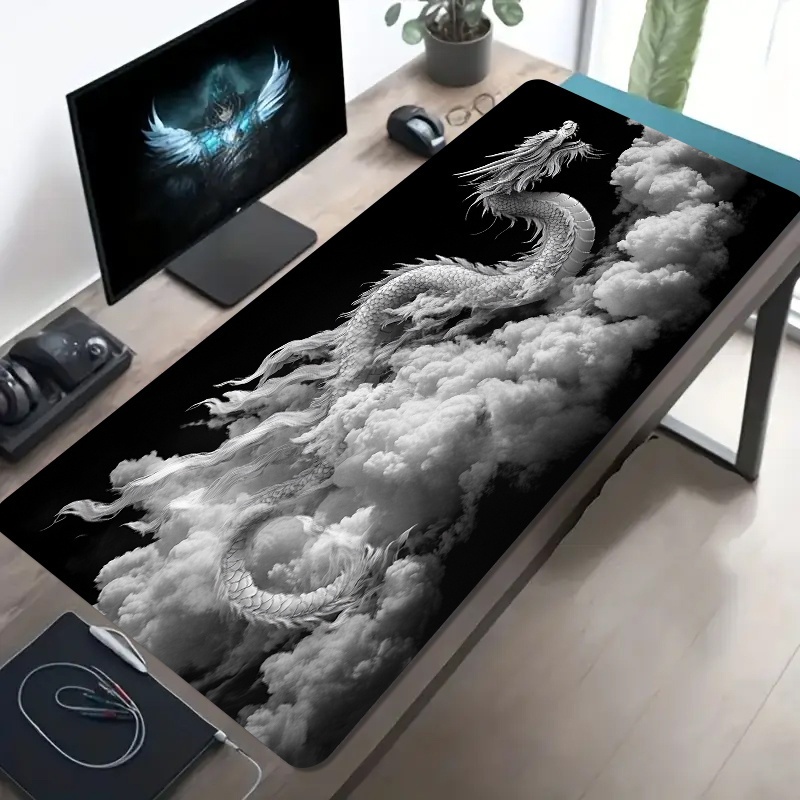 Desk Setup Black And White - Schwarz-Weißes Drachen-Gaming-Mauspad Großes Rutschfestes Gummi-Schreibtischpad für