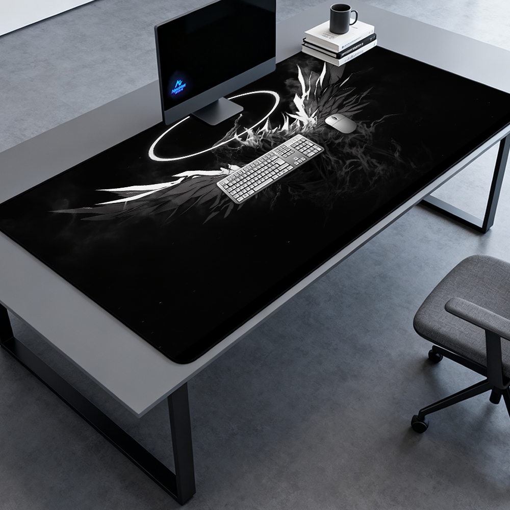 Desk Setup Black And White - Gothic Mauspad Gamer-Matte Schwarz-Weiß Schreibtischunterlage Engel-Totenkopf-Flügel