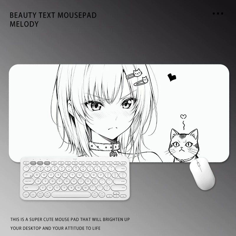 Desk Setup Black And White - Schwarz-Weiß Manga-Mädchen Mauspad Großes Gaming-Schreibtischpad Niedliche
