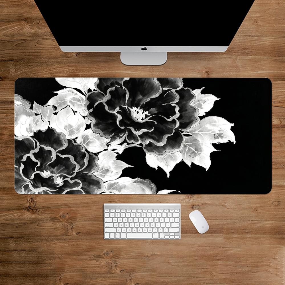 Desk Setup Black And White - Schwarz-weißes, mit Tinte gefärbtes Pfingstrosen-Mauspad, Schreibtischzubehör,