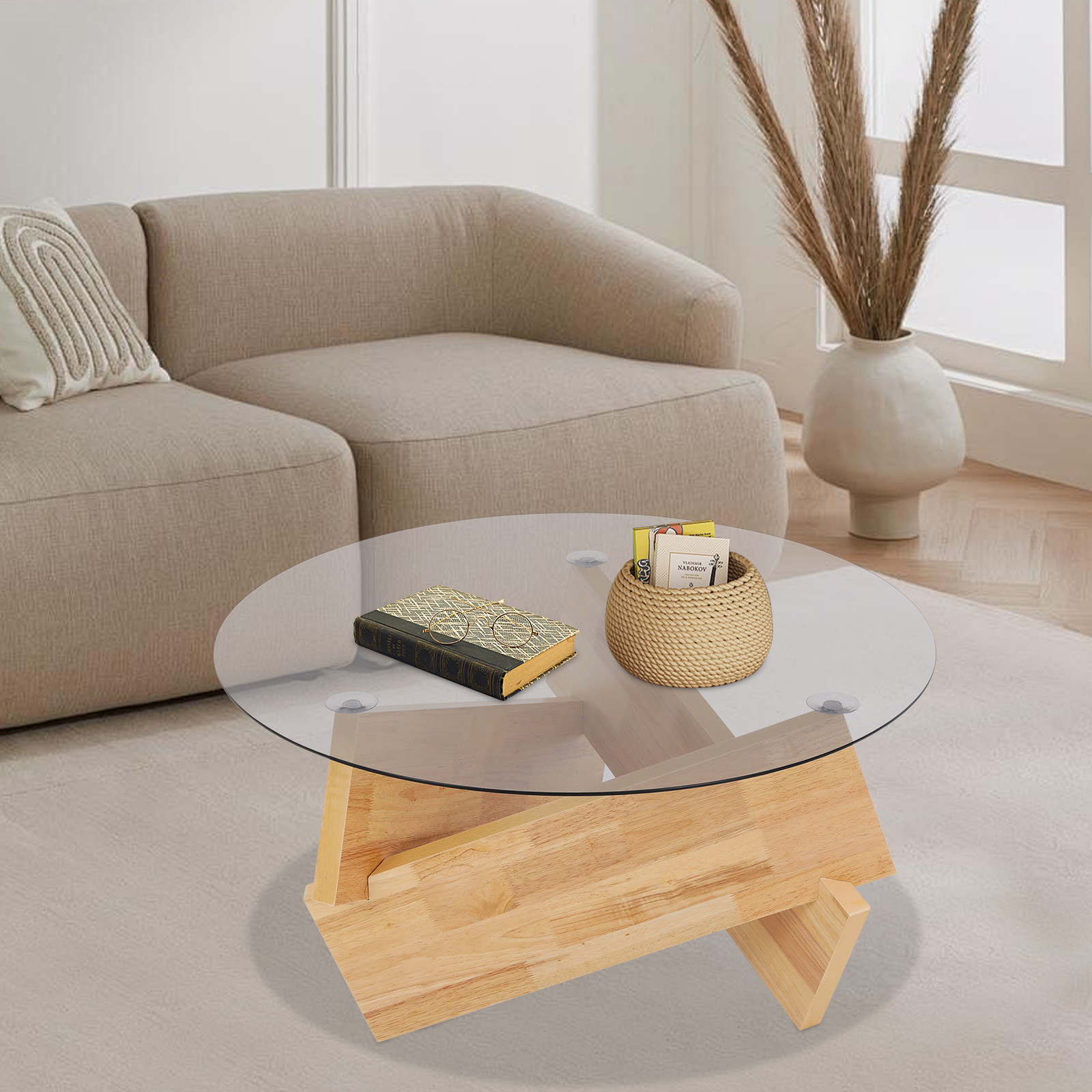 Desk Setup Wood - Moderner Beistelltisch mit gehärteter Glasplatte, Endtisch