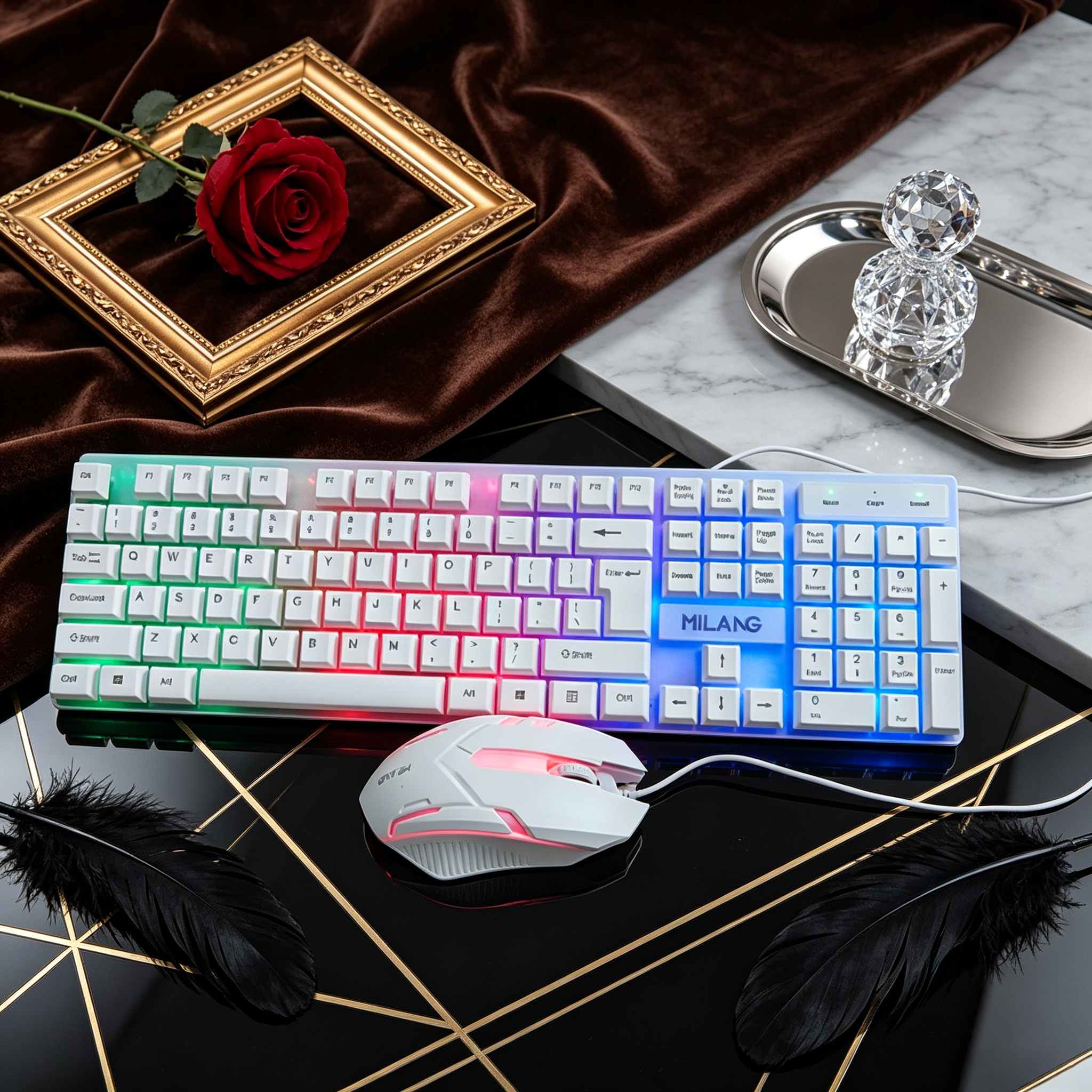 Ergonomic Desk Setup Keyboard - Kabelgebundenes RGB-Tastatur-Maus-Set, Gaming-Tastatur mit ergonomischem Design