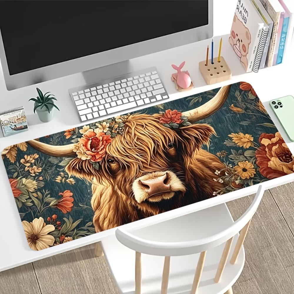 Desk Setup Pc And Laptop - Vintage Highland Cow Floral Gaming-Mauspad, rutschfeste