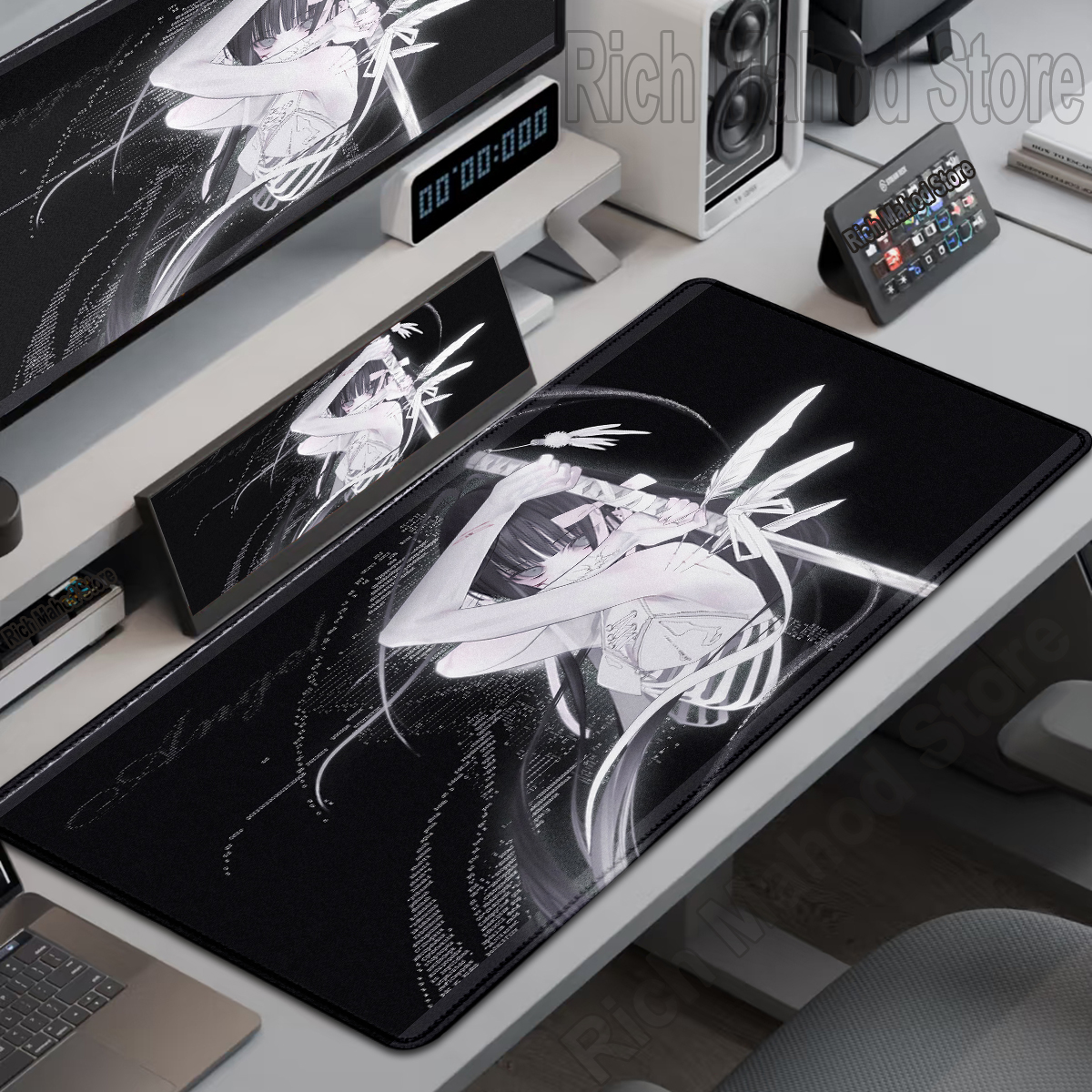 Desk Setup Black And White - Schwarz Weiß Skelett Schwert Mädchen Mauspad