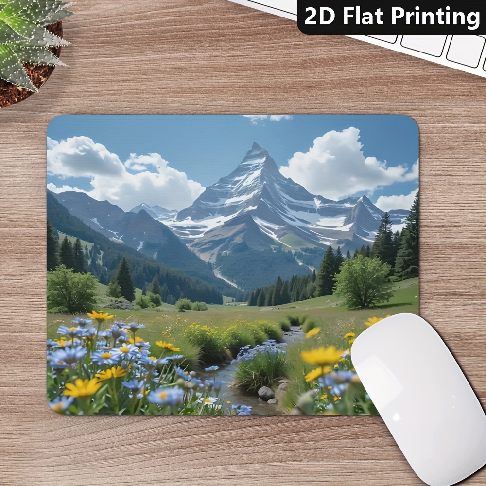 Desk Setup In Office - Gaming-Büro-Mauspad, rutschfest, malerische Berg- und Blumenlandschaft,