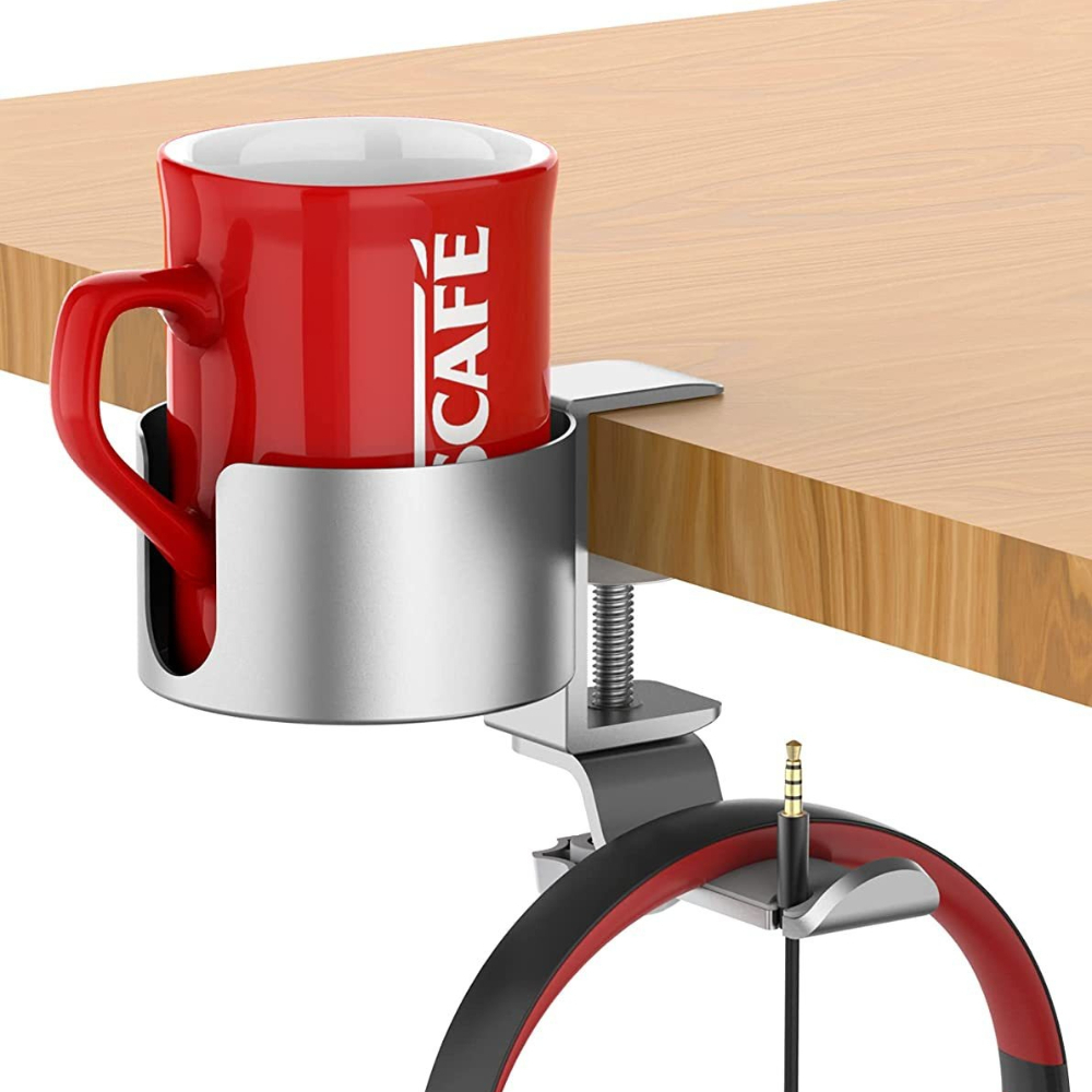 Desk Setup In Office - 360 ° Drehbarer Schreibtisch-Kopfhörerhalter mit Getränkehalterung
