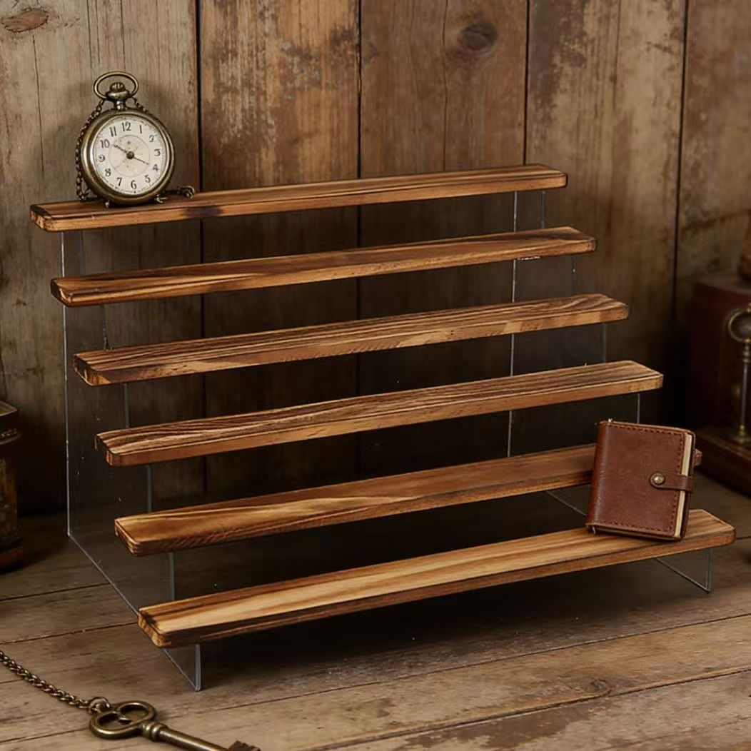 Desk Setup Wood - Verkohlter Holzstufen-Präsentationsständer, 2–6-stufiges Acryl-Blindbox-Spielzeug-Aufbewahrungsregal, Desktop-Halter, Kosmetik-Displayregal