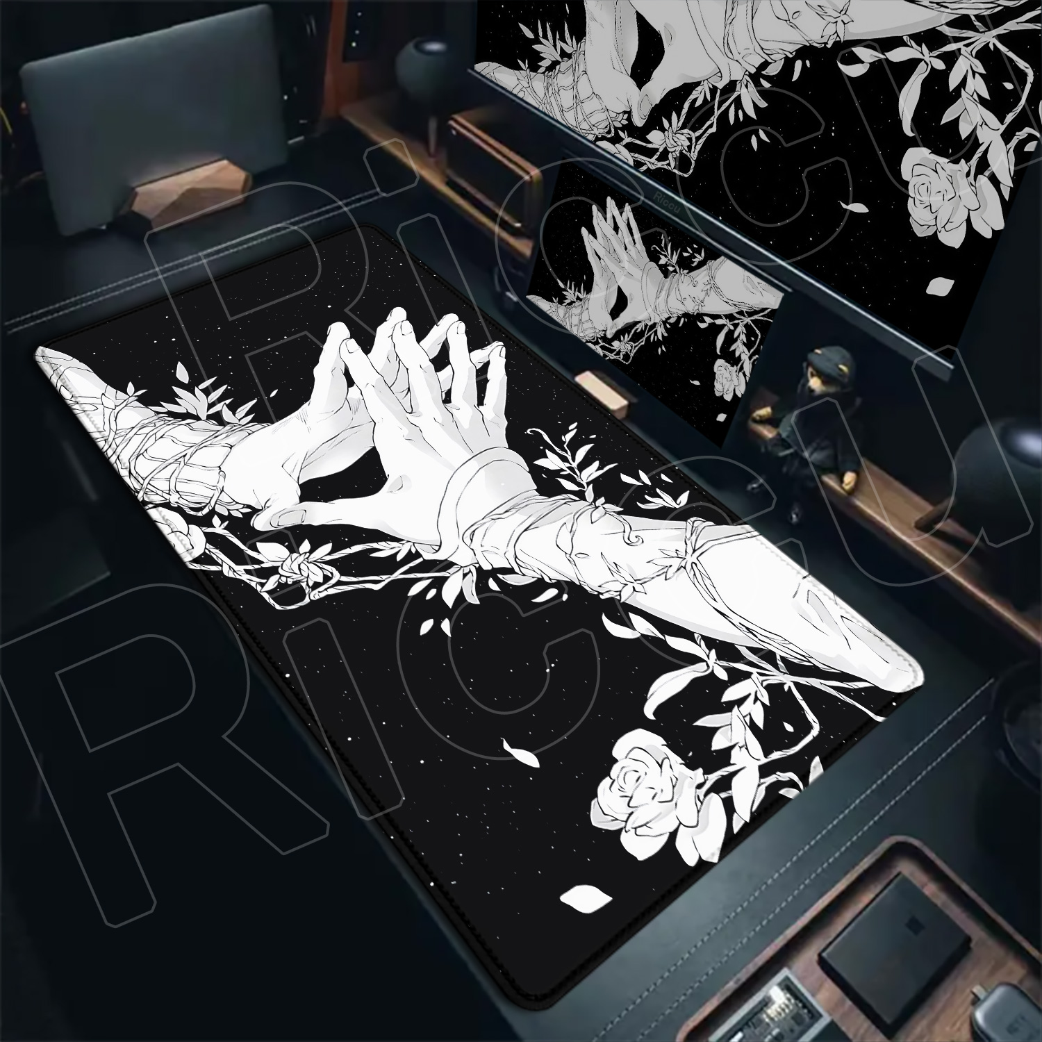Desk Setup Black And White - HD Großes Schwarz-Weißes XXL Gothic Handkunst-Mauspad